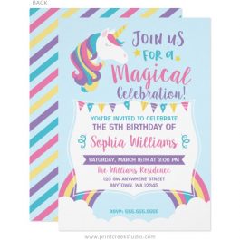 Unicorn birthday invitations with a rainbow and clouds.