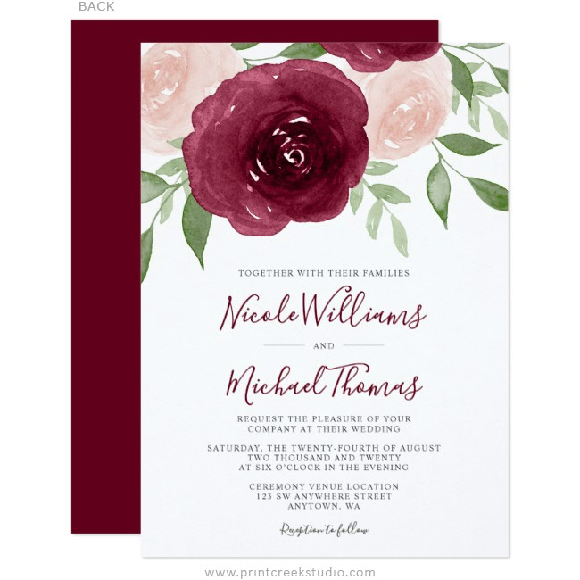 Burgundy Watercolor Floral Wedding Invitations - Print Creek Studio Inc
