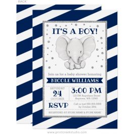 Navy blue elephant baby shower invitations