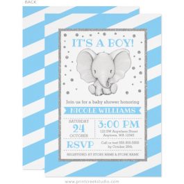 Blue elephant boy baby shower invitations