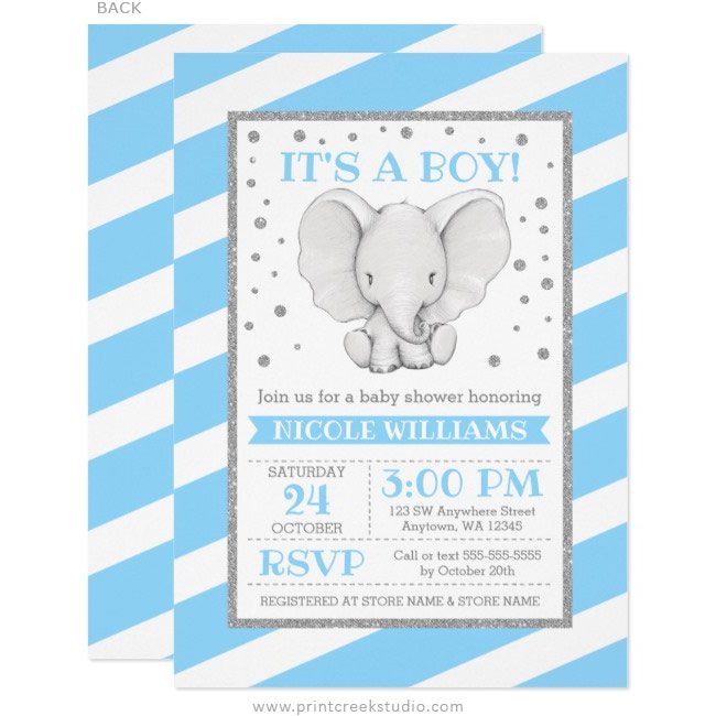Blue elephant boy baby shower invitations