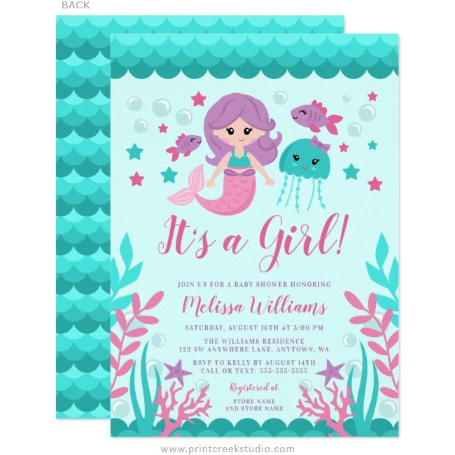 Mermaid girl baby shower invitations