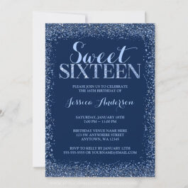 Navy Blue Faux Glitter Sweet 16 Birthday Invitations