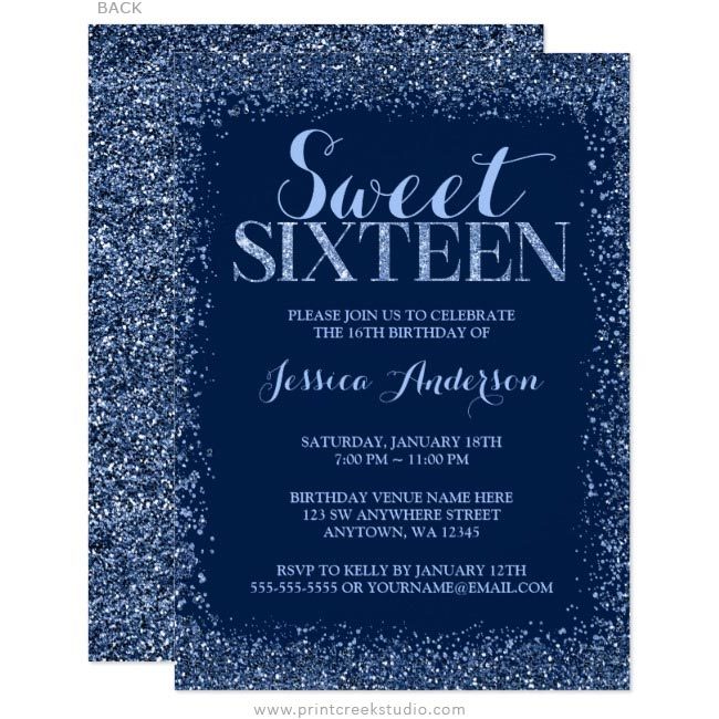 Navy Blue Sweet 16 Birthday Invitation