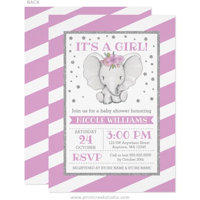Purple girl elephant baby shower invitations