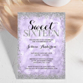 Purple Silver Faux Glitter Lights Sweet 16 Invitation