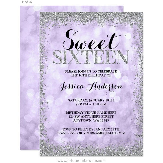 Purple Silver Sweet 16 Invitations