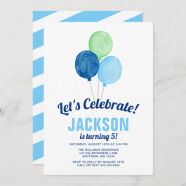 Watercolor Balloons Boy Birthday Invitations