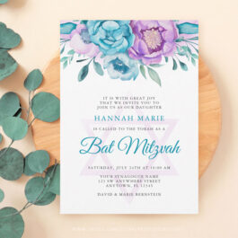 Purple Teal Watercolor Floral Bat Mitzvah Invitations