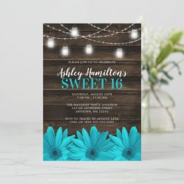 Rustic Teal Daisy Sweet 16 Invitation