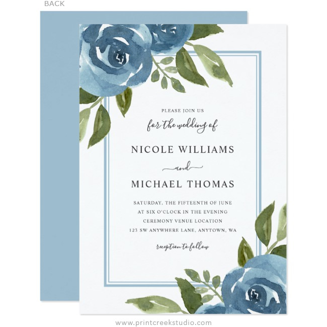 Dusty Blue Watercolor Floral Wedding Invitations Print
