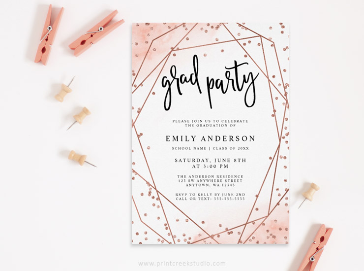 Modern rose gold graduation party invitation.