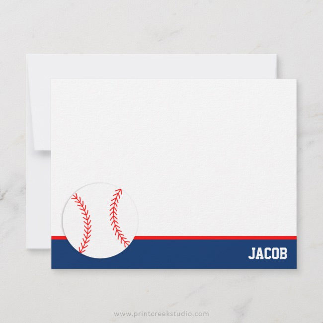 Red Blue Baseball Personalized Flat Note Card