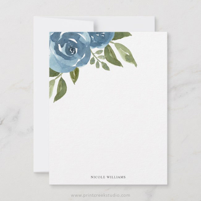 Elegant Dusty Blue Watercolor Floral Stationery Note Card