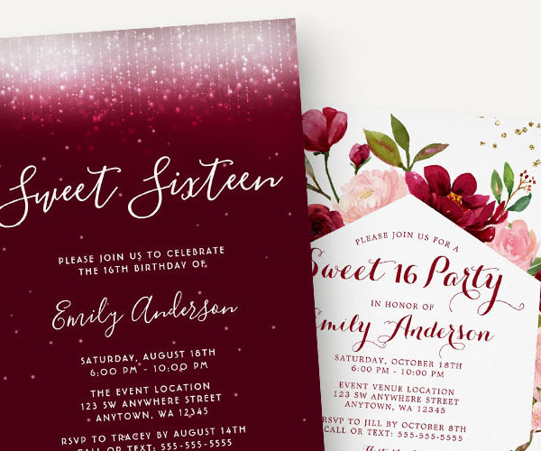 Elegant Burgundy Sweet 16 Invitations