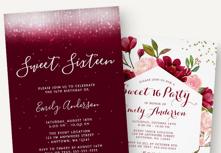 Burgundy sweet 16 invitations