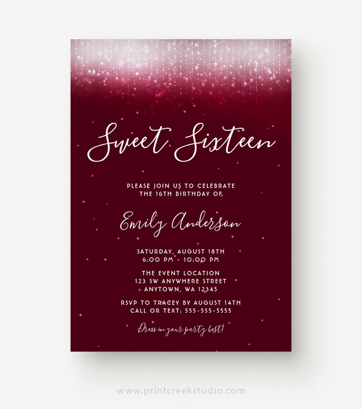 Glam burgundy sweet 16 invitation