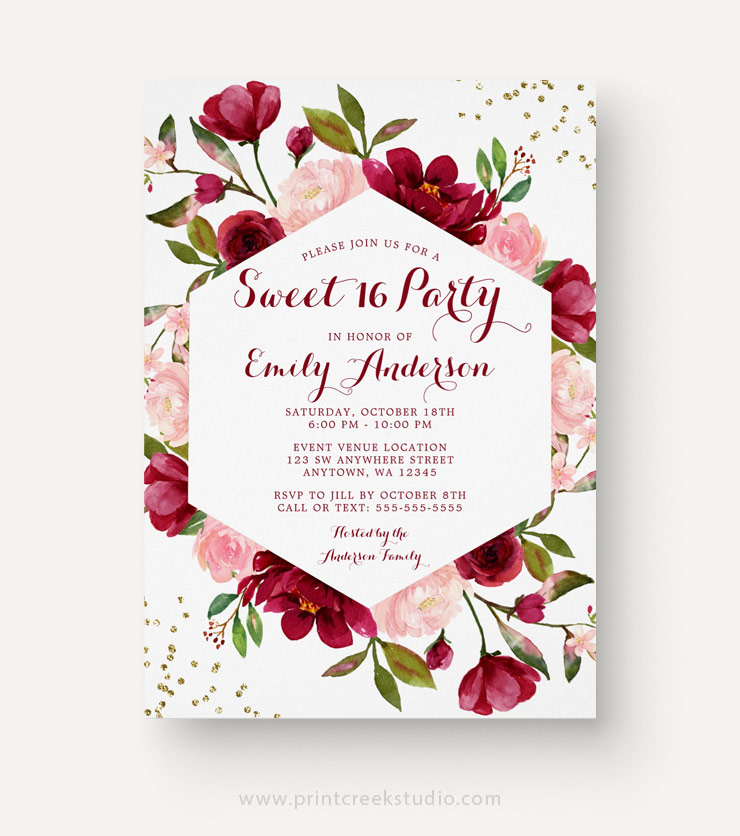 Modern Blush Burgundy Floral Sweet 16 Invitation