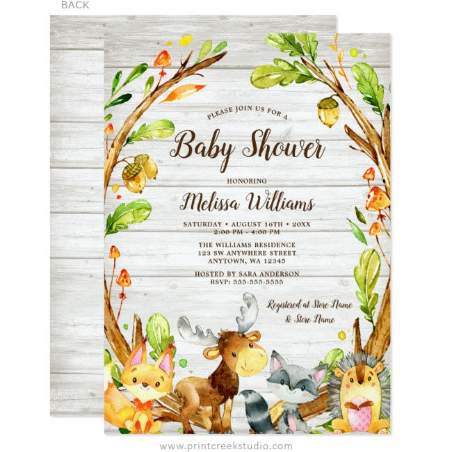 Rustic Watercolor Woodland Animals Baby Shower Invitation
