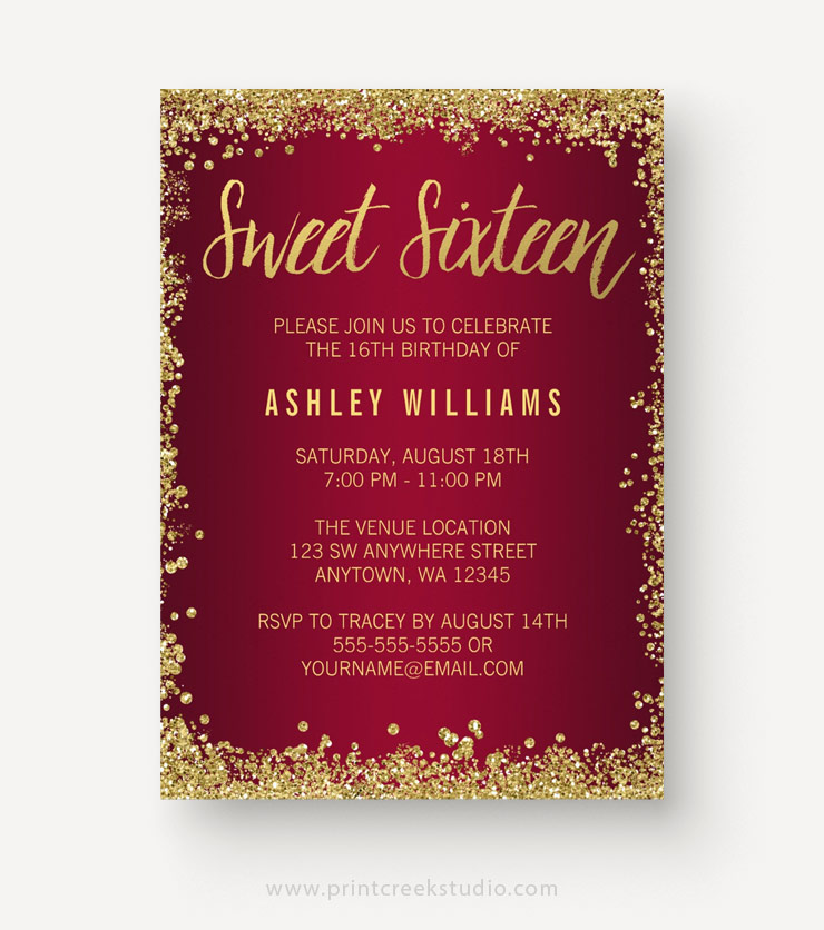 Sweet 16 Burgundy Gold Glitter Birthday Invitation