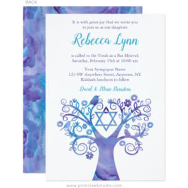 Purple Teal Watercolor Tree of Life Bat Mitzvah Invitations