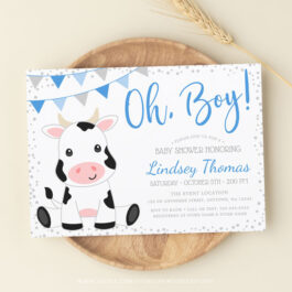 Blue Oh Boy Cow Baby Shower Invitation Template