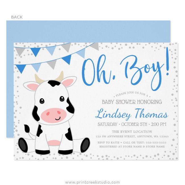Blue Oh Boy Cow Baby Shower Invitations