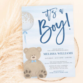 Boy Teddy Bear Blue Balloon Baby Shower Invitations