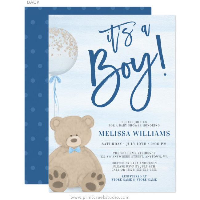 Boy Teddy Bear Blue Balloon Baby Shower Invitations