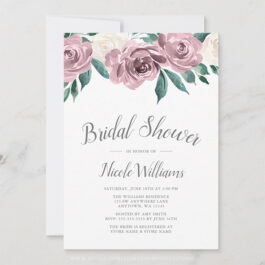 Mauve Watercolor Roses Floral Bridal Shower Invitations