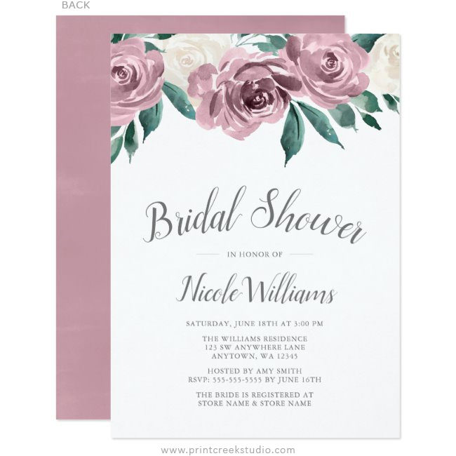 Mauve Watercolor Roses Floral Bridal Shower Invitations