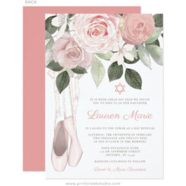 Pink Floral Ballet Bat Mitzvah Invitation