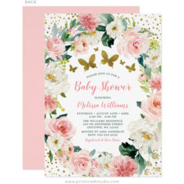 Pink Gold Floral Butterfly Girl Baby Shower Invitations