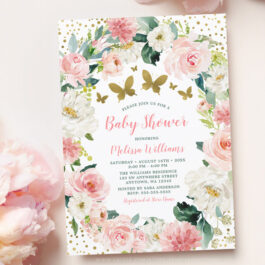 Pink Gold Floral Butterfly Girl Baby Shower Invitations