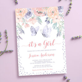 Pink Purple Floral Butterfly Girl Baby Shower Invitation Template