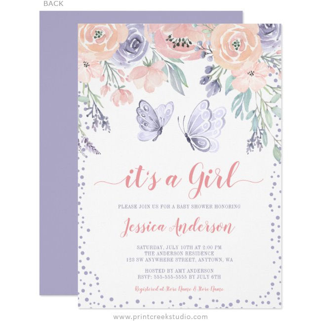 Pink Purple Floral Butterfly Girl Baby Shower Invitations