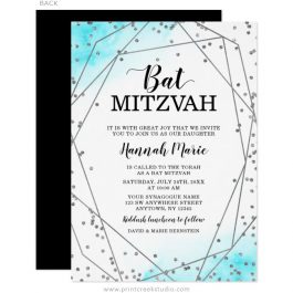 Teal Silver Faux Glitter Geometric Bat Mitzvah Invitations