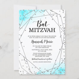 Teal Silver Faux Glitter Geometric Bat Mitzvah Invitations