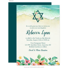 Watercolor Floral Beach Bat Mitzvah Invitations