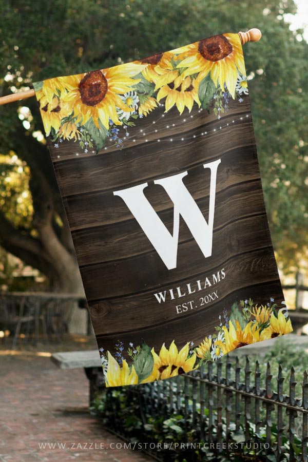 Rustic Sunflower Floral Personalized House Flag