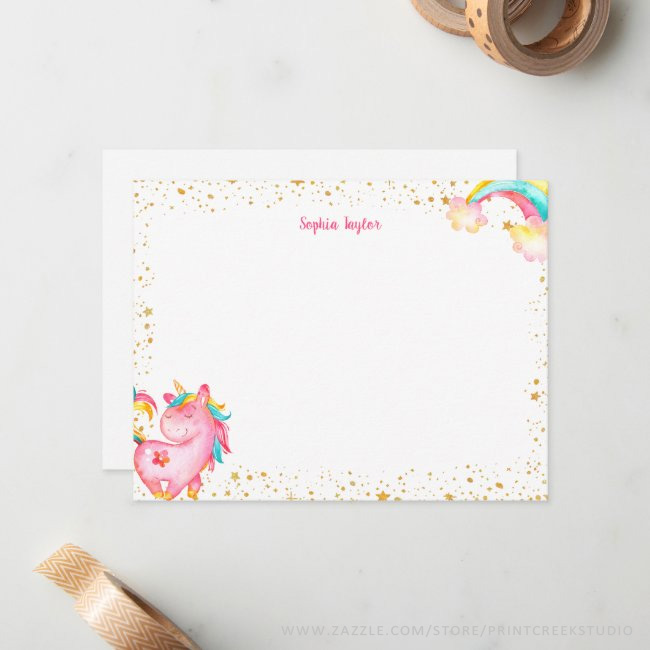 Kids unicorn personalized stationery flat note cards