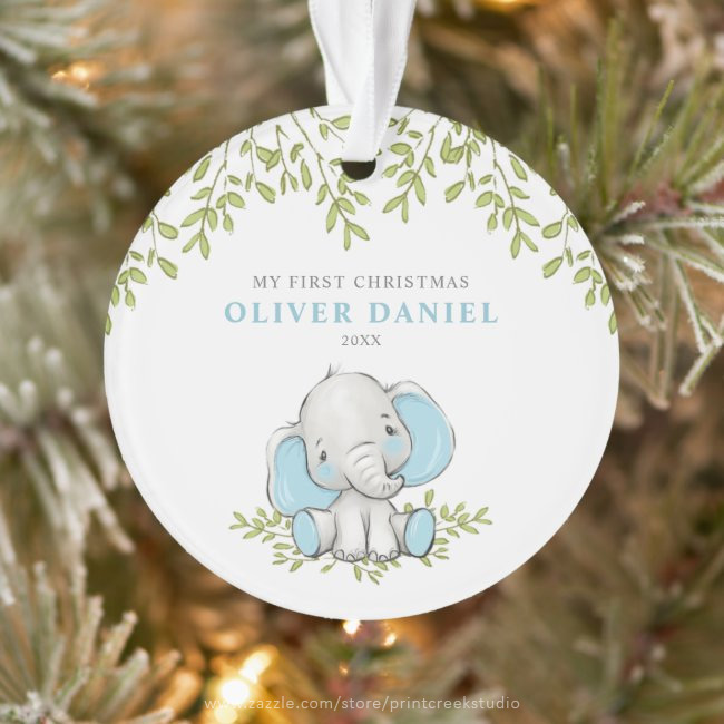 Modern Greenery Elephant Boy First Christmas Ornament