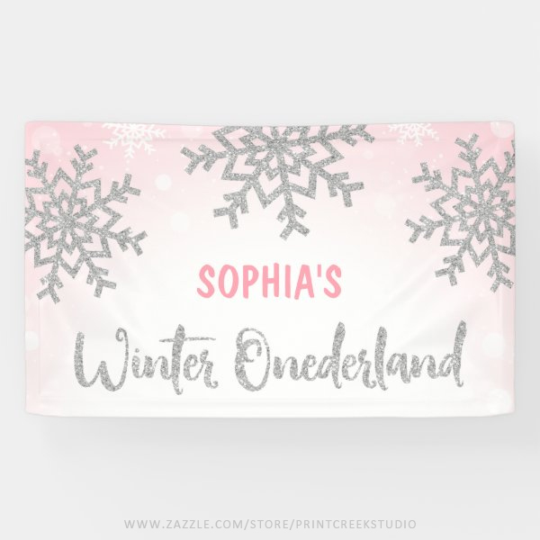 Pink Silver Winter ONEderland 1st Birthday Banner