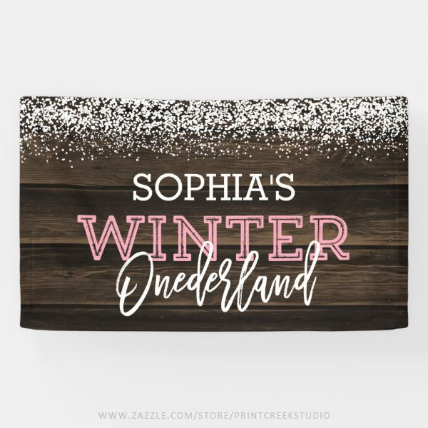 Rustic Winter Onederland Pink 1st Birthday Banner