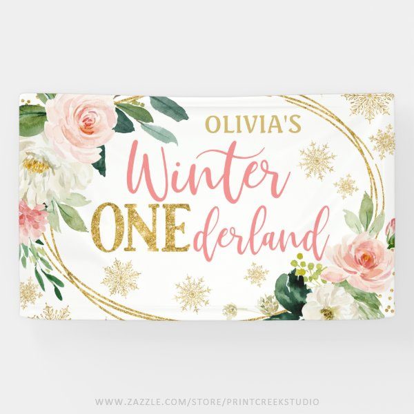 Winter ONEderland Gold Pink Floral Birthday Banner