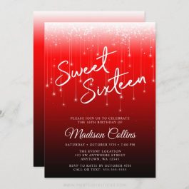 Modern Lights Red Black Sweet 16 Invitations