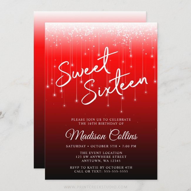 Modern Lights Red Black Sweet 16 Invitations