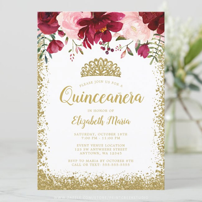 Blush Burgundy Floral Gold Tiara Quinceanera Invitation
