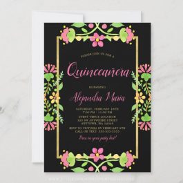 Floral Fiesta Black Gold Quinceanera Photo Invitation