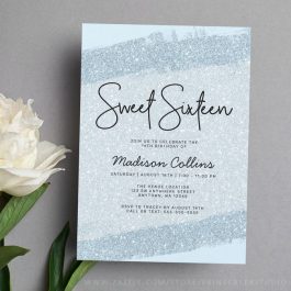 Light Blue Brush Glitter Sweet 16 Invitation Template